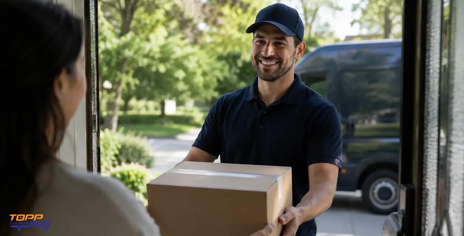 Business courier delivering package to corporate client in Toronto